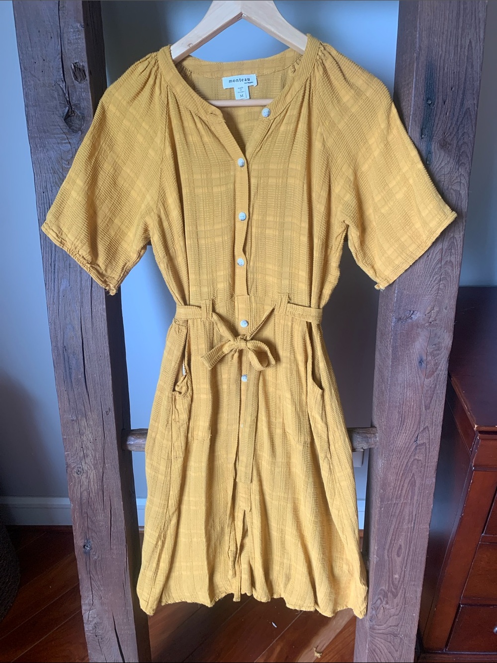 Monteau Women’s Mustard Yellow Button-Front Midi Dress with Waist Tie